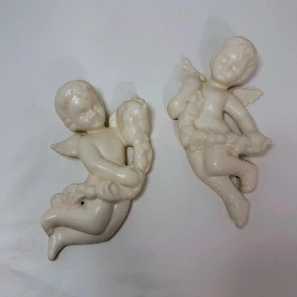Vintage Ceramic Cherub Wall Hanging Pair Cream Angel Garland Set 7 Inch Cherubim
